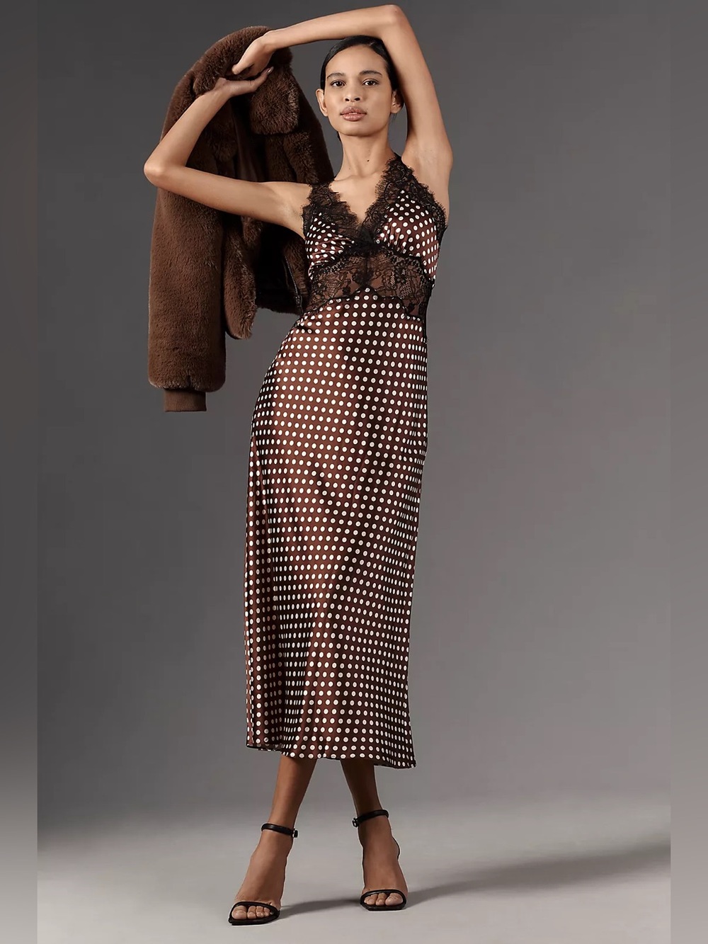 Ronny Kobo Holiday V-Neck Lace-Trim Midi Dress Polka Dot size XS